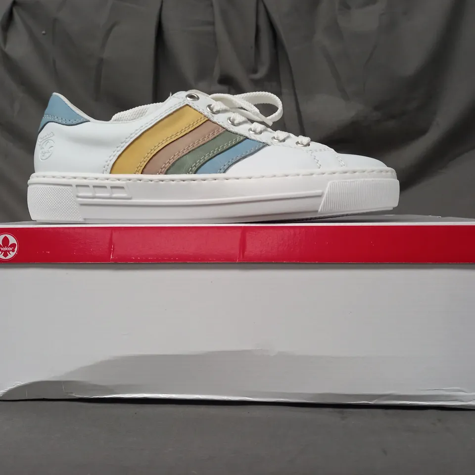BOXED PAIR OF RIEKER TRAINERS IN WHITE/MULTI SIZE 6