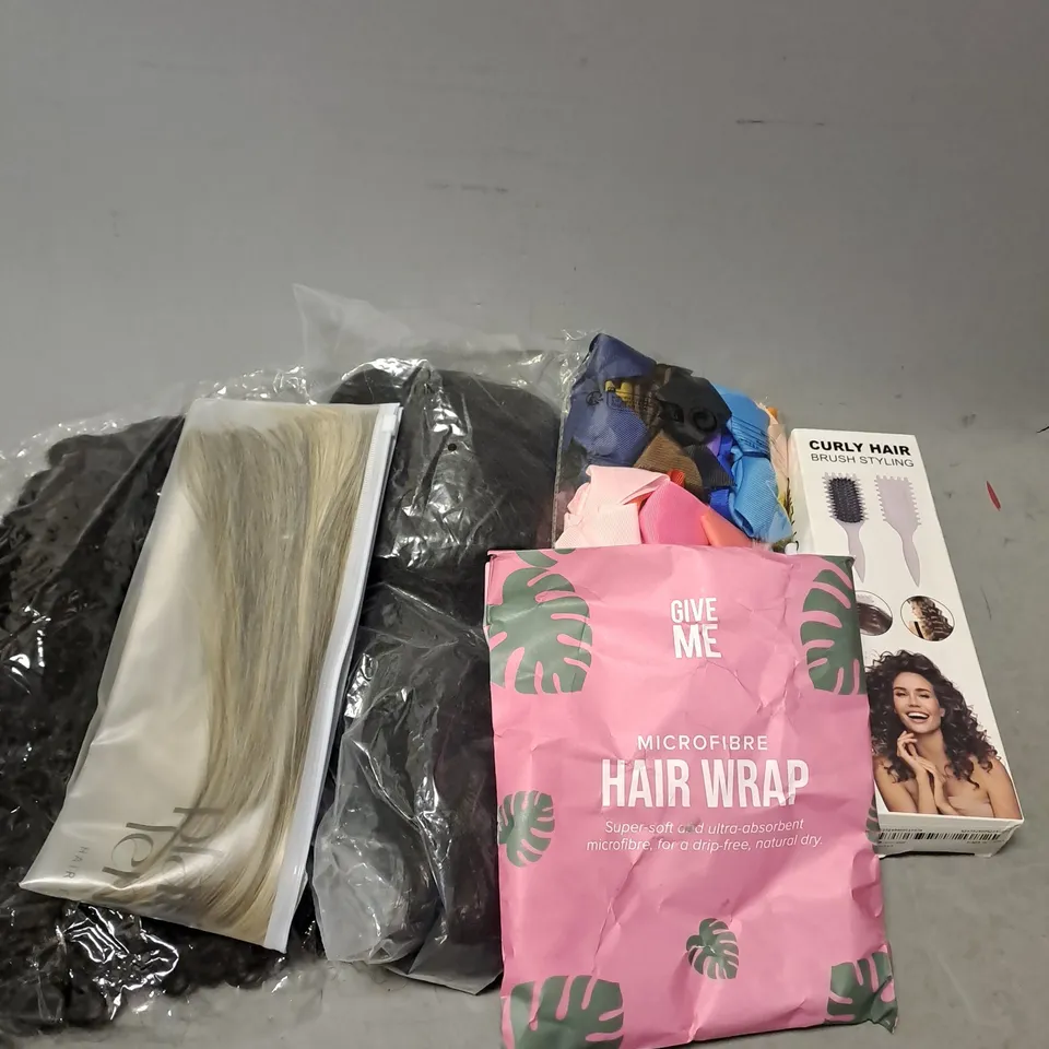 BOX OF APPROXIMATELY 15 ASSORTED COSMETIC HAIR PRODUCTS TO INCLUDE - WIGS - HAIR ACCESSORIES - HAIR WRAP - ETC