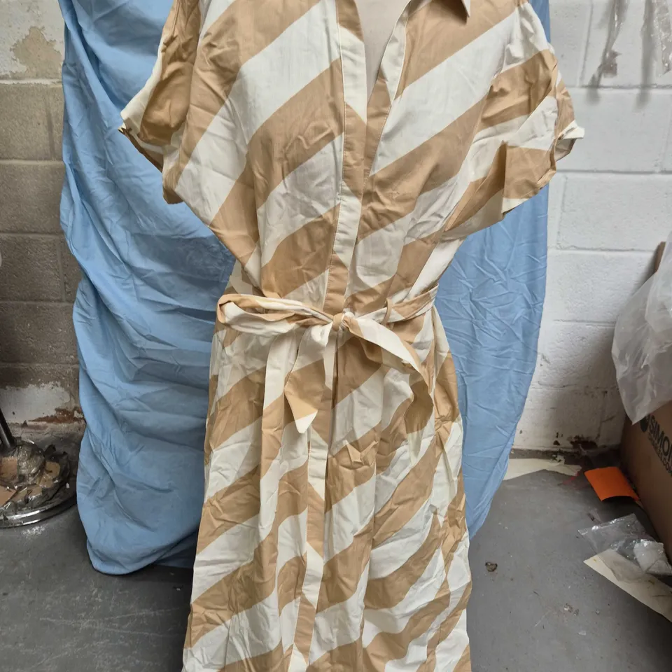 RIVER ISLAND STUDIOS WOMEN’S SHIRT DRESS, BEIGE & CREAM CHEVRON PRINT, UK 16