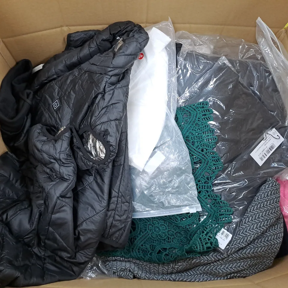 LARGE BOX OF ASSORTED CLOTHING ITEMS IN VARIOUS COLOURS AND SIZES INCLUDING TROUSERS , TOPS AND JUMPERS 