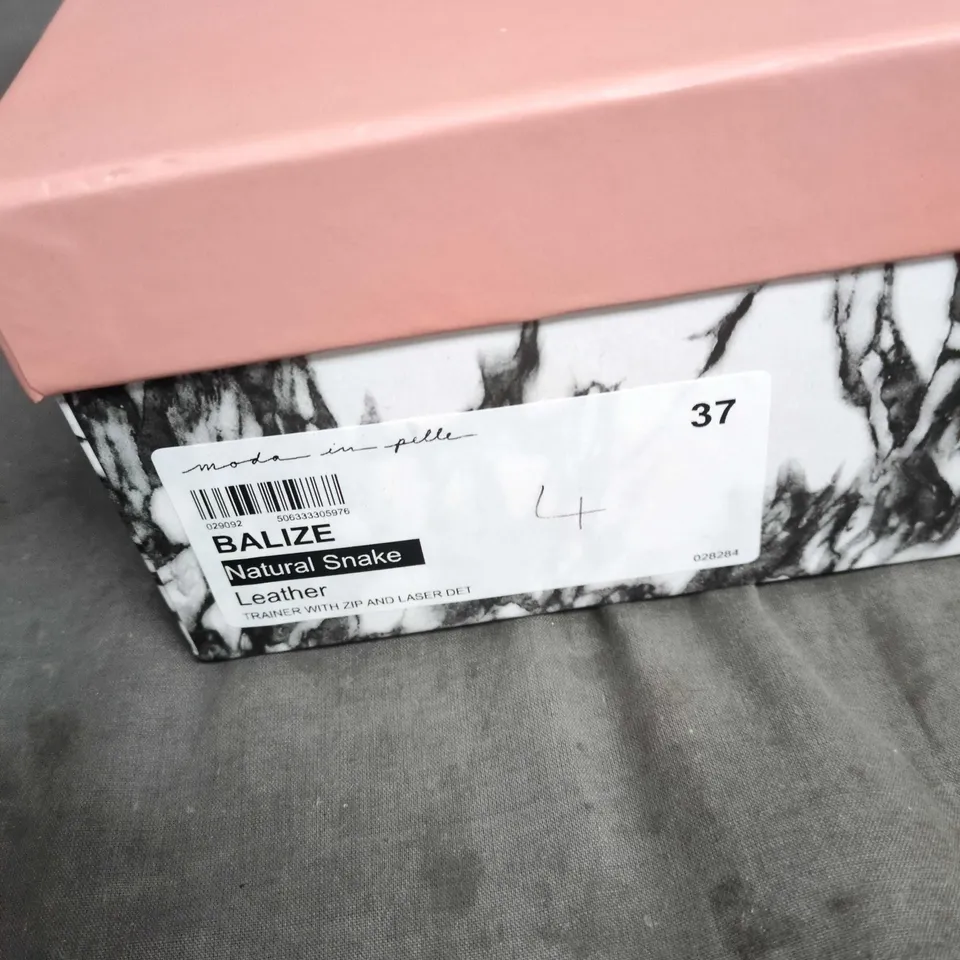 MODA IN PELLE BALIZE SNAKE PRINT TRAINERS – PINK/NATURAL SNAKE LEATHER, ZIP DETAIL – UK 4 (EU 37) – BOXED .