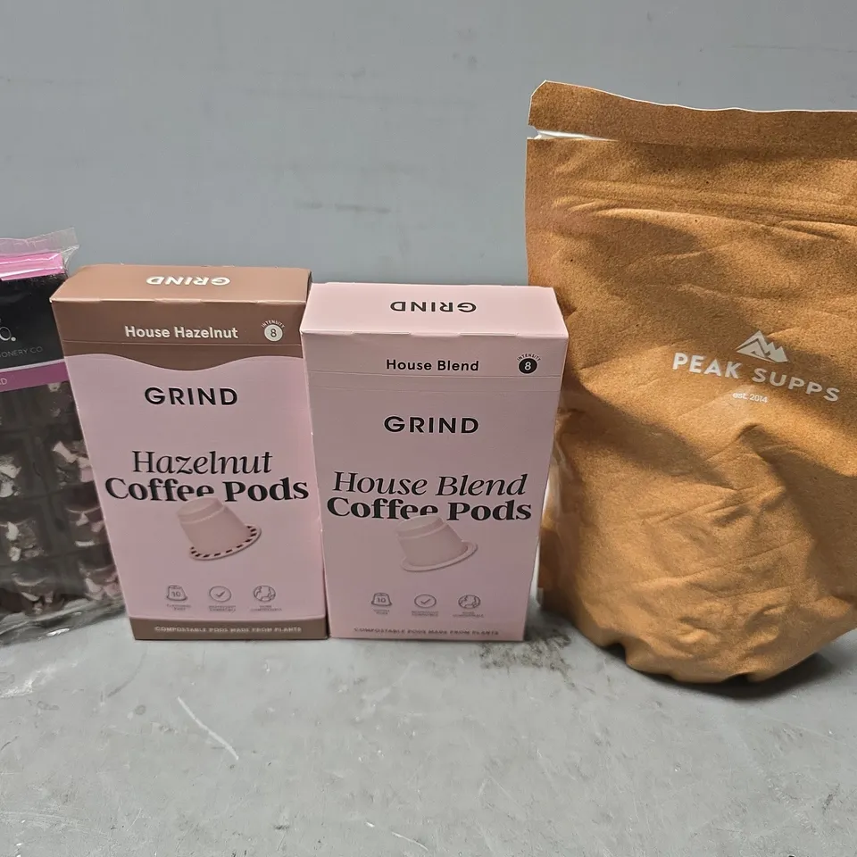 APPROXIMATELY 12 ASSORTED FOOD & DRINK ITEMS TO INCLUDE - GRIND HOUSE BLEND , GRIND HAZELNUT , EGG WHITE POWDER 250G ETC