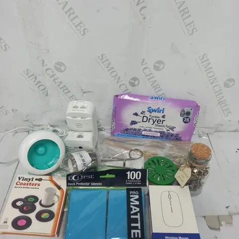 APPROXIMATELY 10 ASSORTED HOUSEHOLD GOODS TO INCLUDE SWIRL TUMBLE DRYER SHEETS, RETRO VINYL COASTERS, ECLIPSE DECK PROTECTOR SLEEVES ETC.