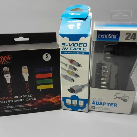 3 BOXED ELECTRICAL ITEMS TO INCLUDE EXTRASTAR AC ADAPTER, S-VIDEO AV CABLE, ADX ULTIMATE GAMING CAT6 ETHERNET CABLE