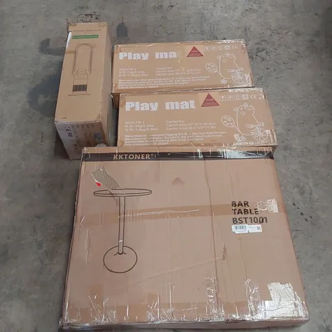 PALLET OF ASSORTED HOUSEHOLD GOODS AND PRODUCTS TO INCLUDE; BABY PLAY PENS, PLAY MATS, AIR TOWER FAN, BOXED FURNITURE ETC