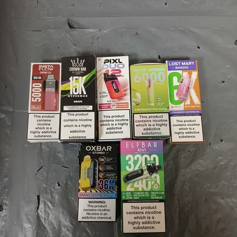 APPROXIMATELY 20 ASSORTED E-CIGARETTE & VAPING ITEMS IN VARIOUS BRANDS TO INCLUDE IVG, ELFBAR, LOST MARY ETC