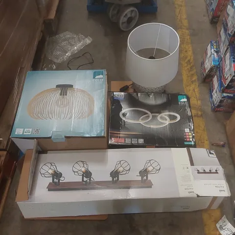PALLET CONTAINING A VERY LARGE QUANTITY OF ASSORTED DESIGNER LIGHTING PRODUCTS INCLUDING: IRIS PENDANT, EGLO LED LIGHT, EGLO CEILING LIGHT ECT