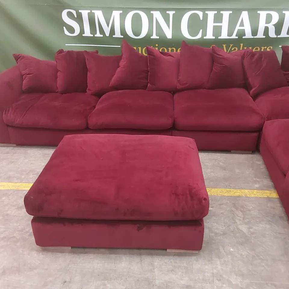 QUALITY DESIGNER EX DISPLAY LARGE VELVET CORNER SOFA WITH FOOTSTOOL - WINE RED 