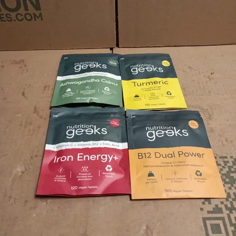 4 X NUTRITION GEEKS ITEMS: ASHWAGANDHA CALM+, TURMERIC, IRON ENERGY+, B12 DUAL POWDER
