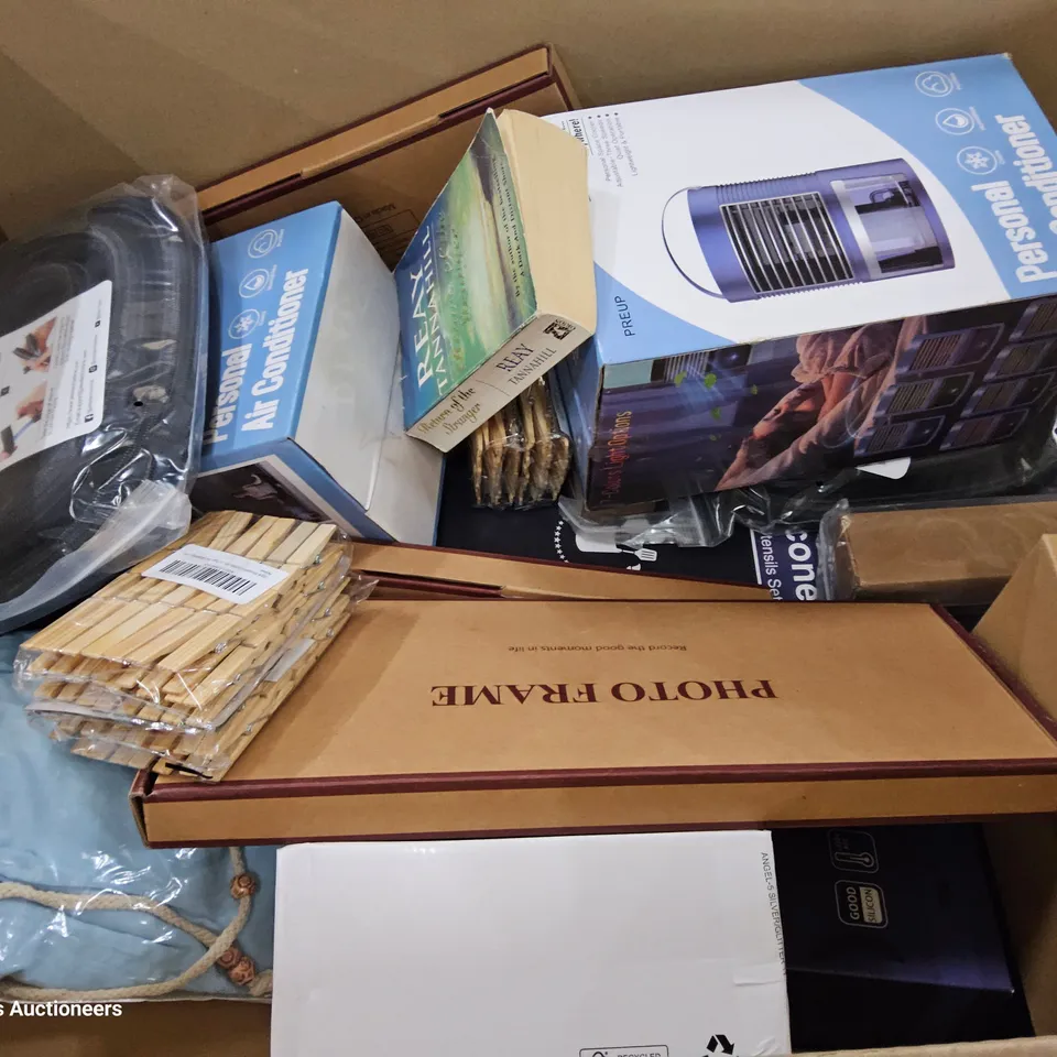 PALLET CONTAINING 6 BOXES OF ASSORTED ITEMS, TO INCLUDE, PERSONAL AIR CONDITIONERS, WOODEN CLOTHES PEGS, PHOTO FRAMES, MENS SHORTS, SHOES, INK CARTRIDGES, APPLE WATCH CASES.