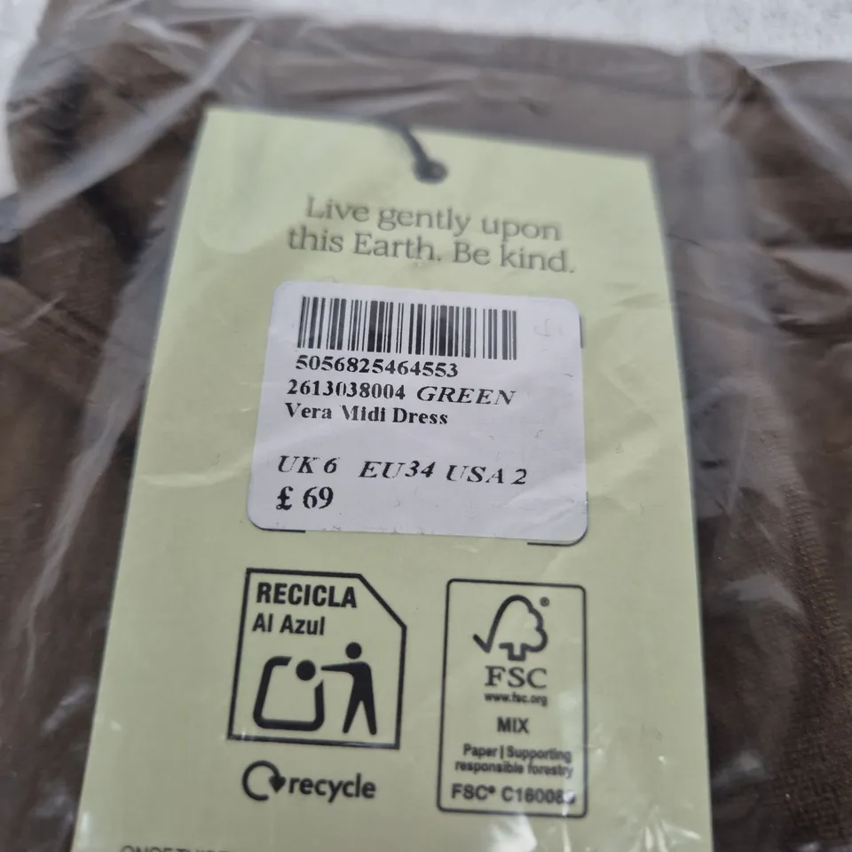 NOBODY'S CHILD VERA MIDI DRESS – GREEN, UK 6 (EU 34, US 2) – TAG ATTACHED