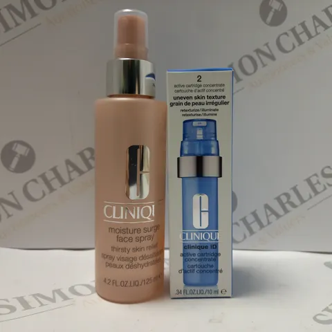 BOX OF 2 CLINIQUE PRODUCTS TO INCLUDE MOISTURE SURGE FACE SPRAY 125ML & CLINIQUE ID ACTIVE CARTRIDGE CONCENTRATE 10ML