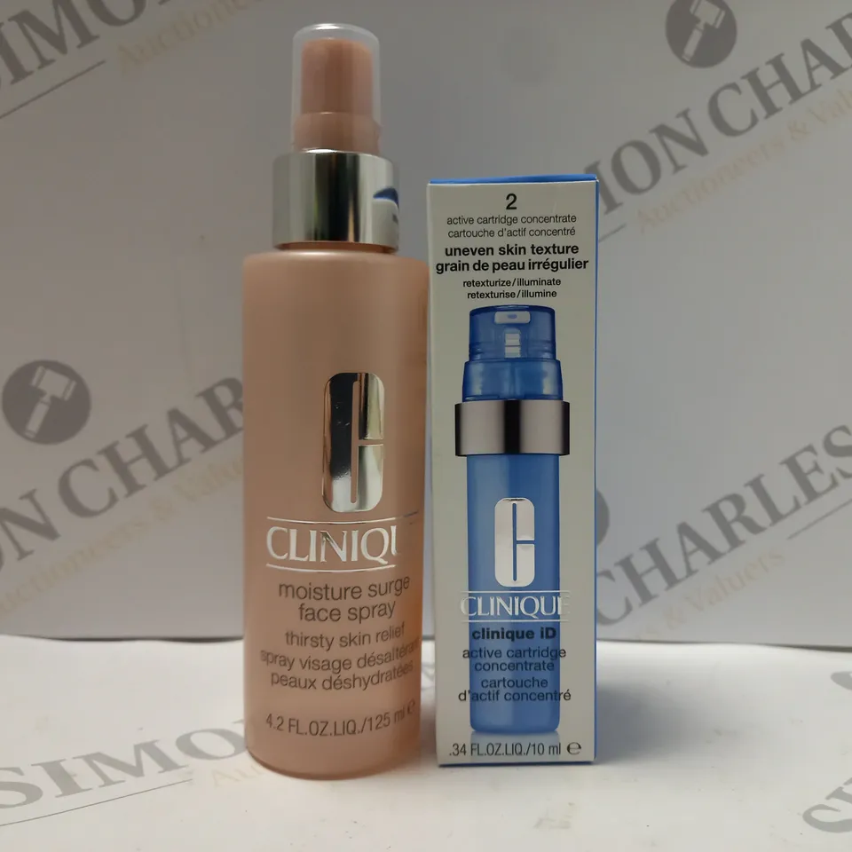 BOX OF 2 CLINIQUE PRODUCTS TO INCLUDE MOISTURE SURGE FACE SPRAY 125ML & CLINIQUE ID ACTIVE CARTRIDGE CONCENTRATE 10ML 