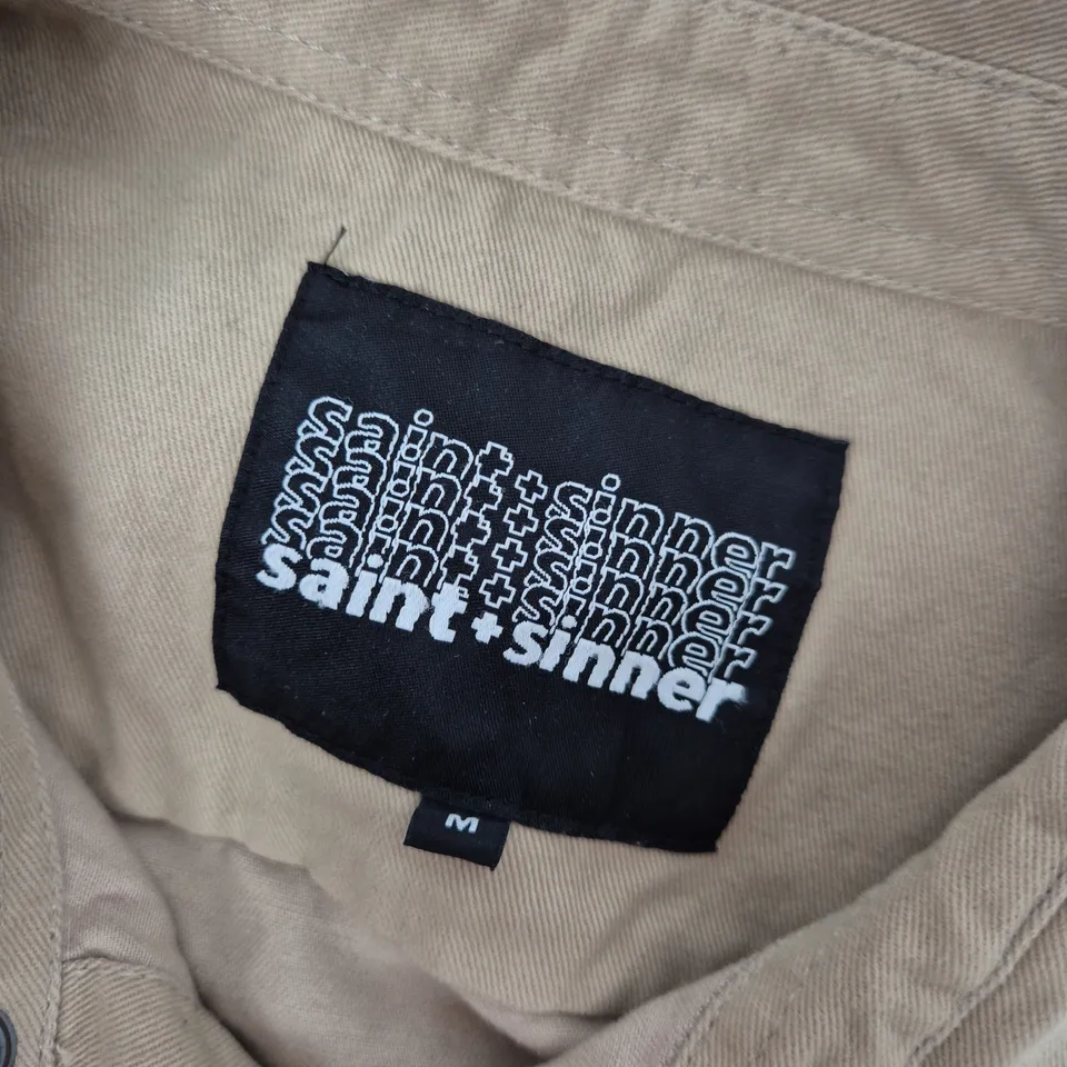SAINT + SINNER TAN SHIRT JACKET WITH PIZZA GRAPHIC, SIZE M