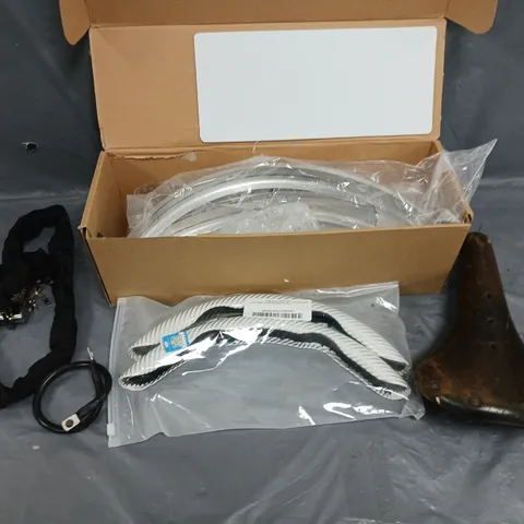 ASSORTED BIKE AND VEHICLE PRODUCTS AND ACCESSORIES TO INCLUDE; CARBON FIBRE EFFECT STEERING WHEEL COVER, PEDAL MUDGUARDS AND BROOKS SEAT
