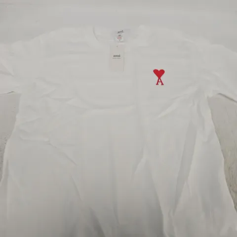 AMI WHITE COTTON T-SHIRT WITH AMI DE COEUR - SIZE S