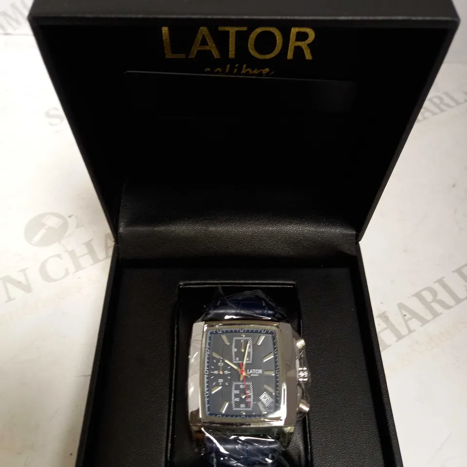 LATOR CALIBRE BLUE TRIPLE DIAL CROC LEATHER STRAP WATCH RRP £585