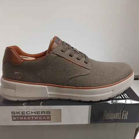 BOXED PAIR OF SKECHERS STREETWEAR MEN'S SHOES - BROWN/OLIVE CANVAS, UK 10