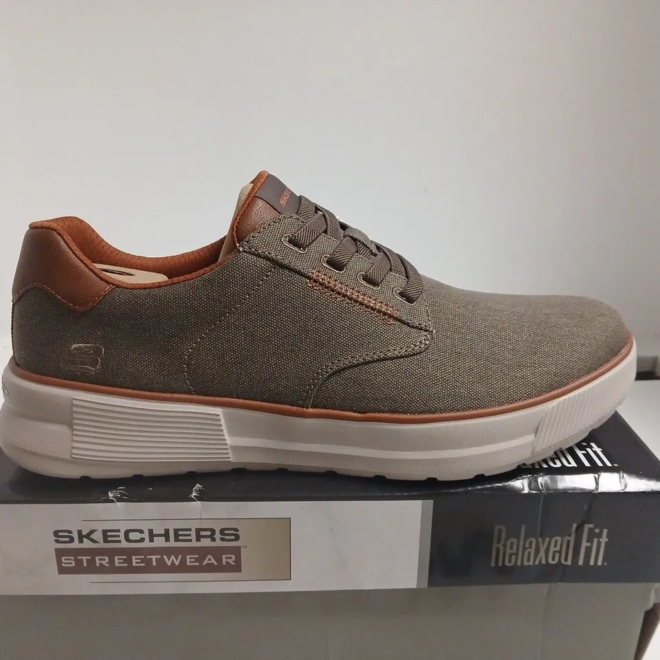 BOXED PAIR OF SKECHERS STREETWEAR MEN'S SHOES - BROWN/OLIVE CANVAS, UK 10
