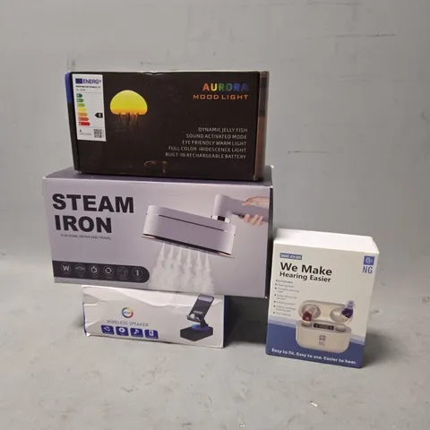 TOTE OF APPROXIMATELY 5 ASSORTED ITEMS TO INCLUDE - STEAM IRON ,MOOD LIGHT , HEARING AIDS ETC