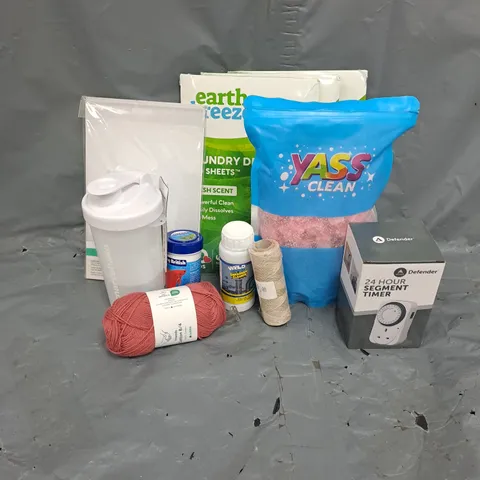 APPROXIMATELY 15 HOUSEHOLD ITEMS TO INCLUDE SMARTSHAKE SHAKER, EARTH BREEZE LAUNDRY DETERGENT SHEETS, YARN, ETC