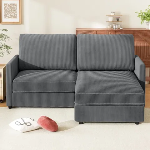 BOXED 180CM 2 SEAT AREA CORDUROY CORNER SOFA - DARK GREY (2 BOXES)