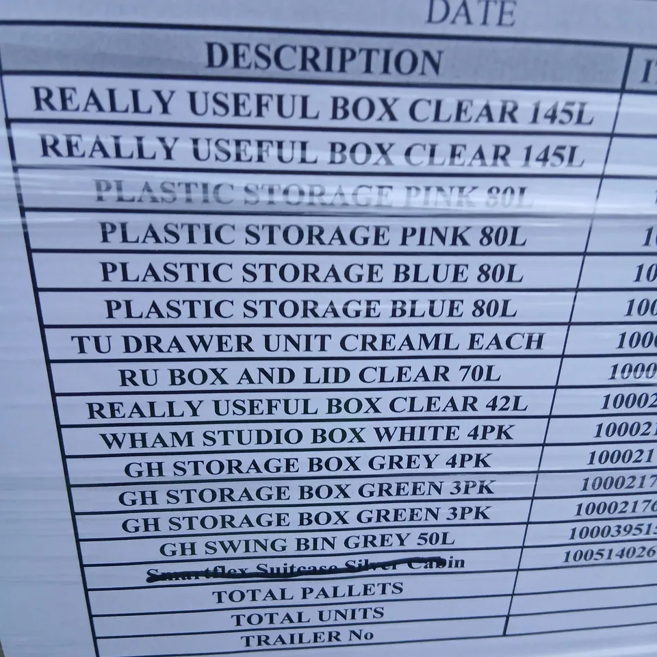 PALLET OF APPROXIMATELY 14 ASSORTED PRODUCTS TO INCLUDE; REALLY USEFUL STORAGE BOXES, WHAM STUDIO BOX, SWING BIN AND BOX AND LID