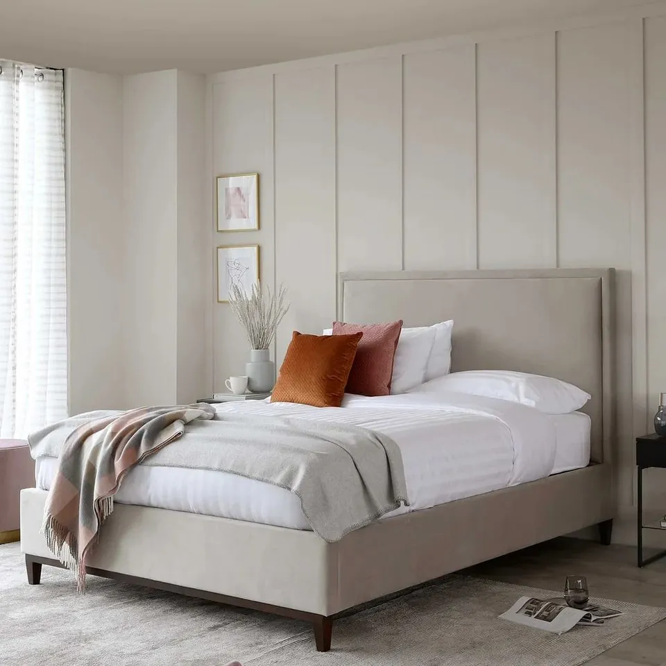 BOXED DANETTI MONICA CHAMPAGNE VELVET AND NATURAL CHENILLE SUPER KING OTTOMAN STORAGE BED (3 BOXES)