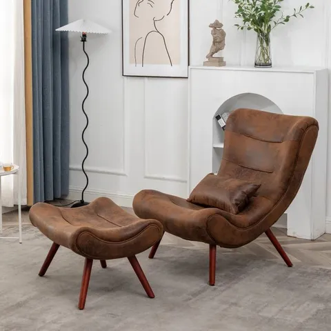 BOXED FAUX LEATHER SUEDE BROWN KATIA ACCENT CHAIR WITH FOOTSTOOL