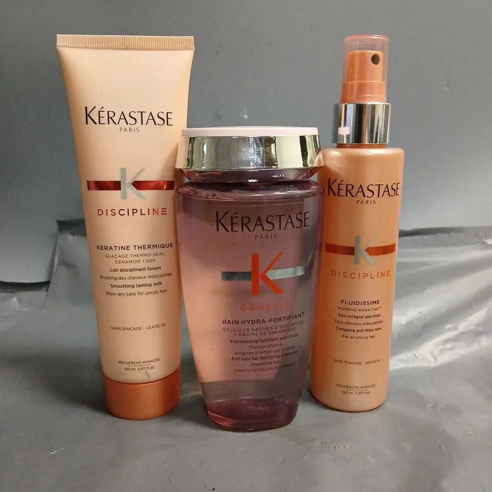 KERASTASE LOT OF 3 ASSORTED HAIRCARE PRODUCTS TO INCLUDE - GENESIS SHAMPOO - DISCIPLINE ANTI-FRIZZ LEAVE-IN - DISCIPLINE SMOOTHING TAMING MILK