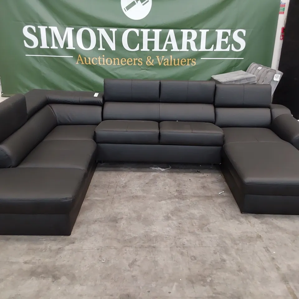 QUALITY DESIGNER ITALIANATE STYLE U SHAPED DOUBLE CHAISE SOFA BLACK LEATHER