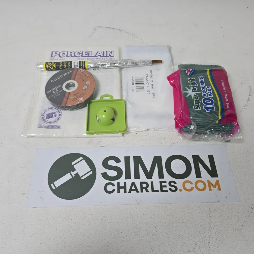 APPROXIMATELY 12 ASSORTED HOUSEHOLD ITEMS TO INCLUDE SCOURING PADS, CUT OFF WHEEL, EGYPTIAN MUSK INCENSE, ETC
