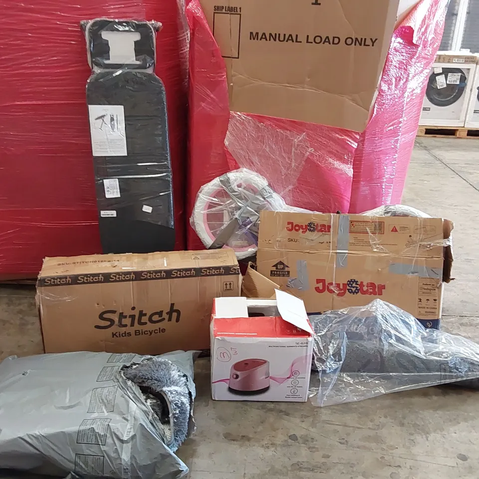 PALLET OF ASSORTED HOMEWARE AND CONSUMER PRODUCTS TO INCLUDE; KIDS BICYCLES, MULTIFUNCTIONAL GARMENTS STEAMER, DOOR MAT, RUG, IRONING BOARD ECT.