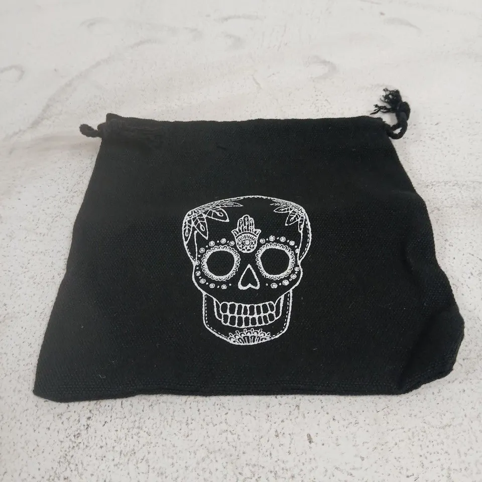 PINK PENDANT TEARDROP NECKLACE ON GOLD-TONE CHAIN WITH BLACK "SKULL" POUCH