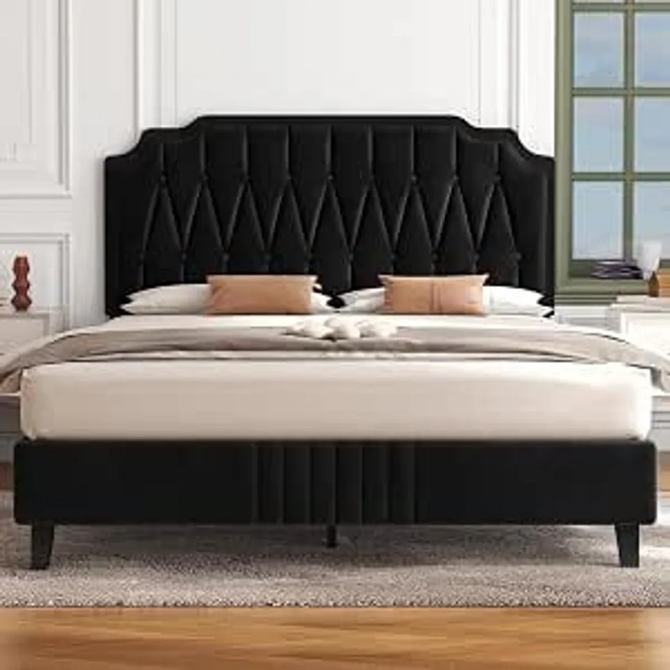 BOXED YAHEETECH 4FT6 DOUBLE BED FRAME, VELVET‑UPHOLSTERED HEADBOARD, BLACK