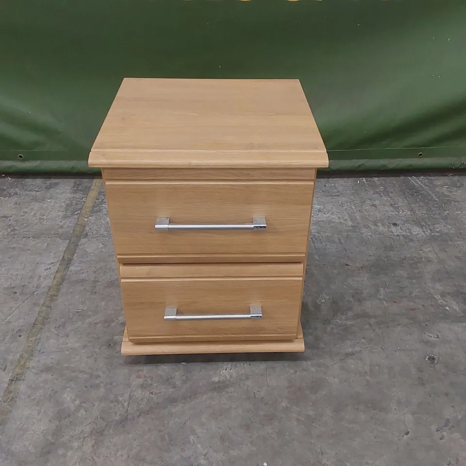 DESIGNER 2 DRAWER WOODEN BEDSIDE TABLE ON WHEELS