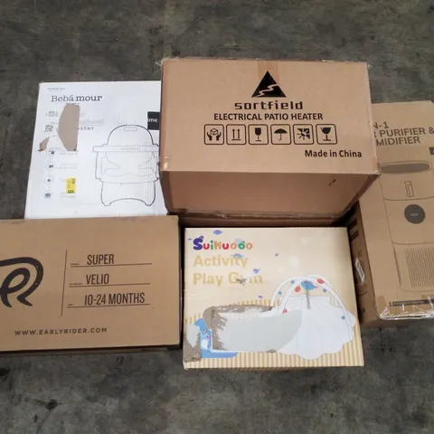 PALLET CONTAINING ASSORTED PRODUCTS INCLUDING AIR PURIFIER & HUMIDIFIER, ELECTRIC PATIO HEATER, ACTIVITY PLAY GYM, MULTIFUNCTIONAL BOOSTER CHAIR & RIDE ON TOY
