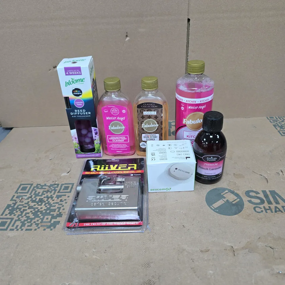 TOTE OF APPROXIMATELY 15 ASSORTED HOUSEHOLD ITEMS TO INCLUDE REED DIFFUSER, FABULOSA ITEMS, DEXCOM, STEEL LOCK ETC