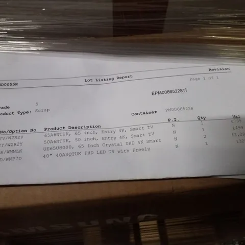 PALLET OF FIVE ASSORTED WAREHOUSE DAMAGED TV'S TO INCLUDE;