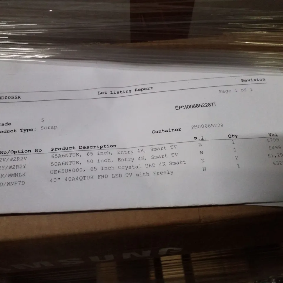 PALLET OF FIVE ASSORTED WAREHOUSE DAMAGED TV'S TO INCLUDE;