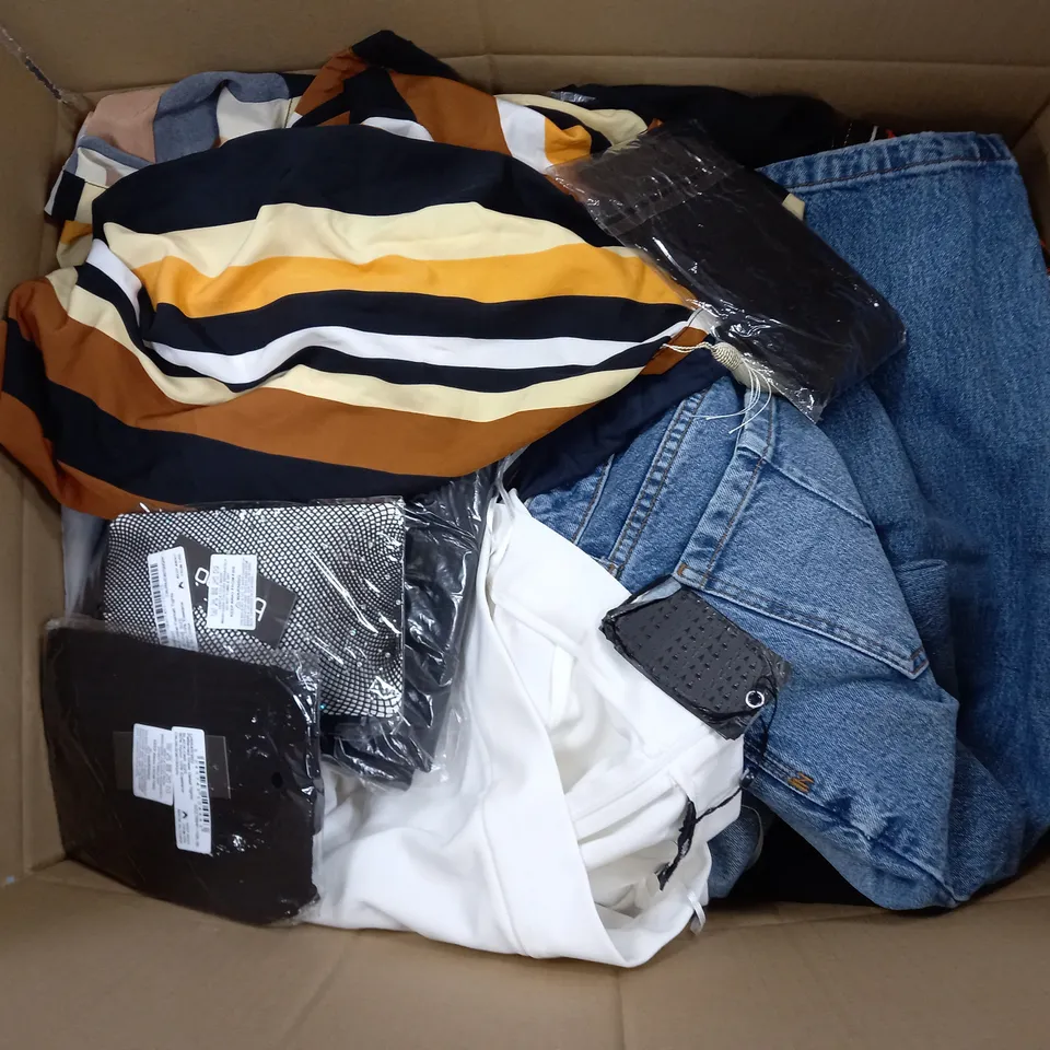 LARGE BOX OF ASSORTED CLOTHING ITEMS IN VARIOUS COLOURS AND SIZES INCLUDING TROUSERS , TOPS AND JUMPERS 