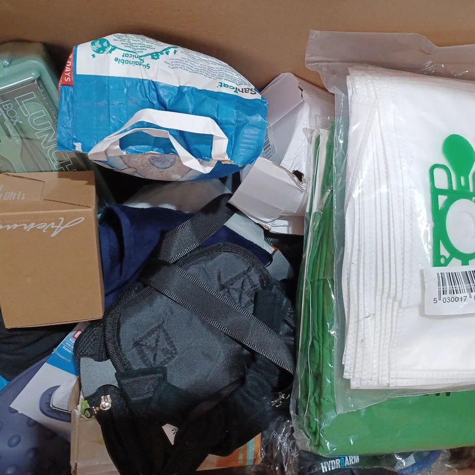 BOX OF APPROXIMATELY 20 ASSORTED HOUSEHOLD ITEMS TO INCLUDE FLOW HEADSET PADS, ELEMENTS PAPER, TPR TOILET BRUSH, ETC