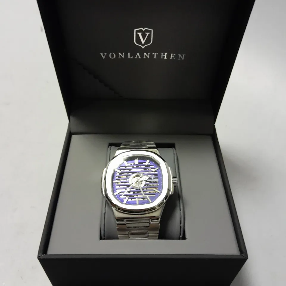 MENS VONLANTHEN AUTOMATIC WATCH WITH BLUE SKELETON DIAL FACE AND STAINLESS STEEL STRAP IN GIFT BOX