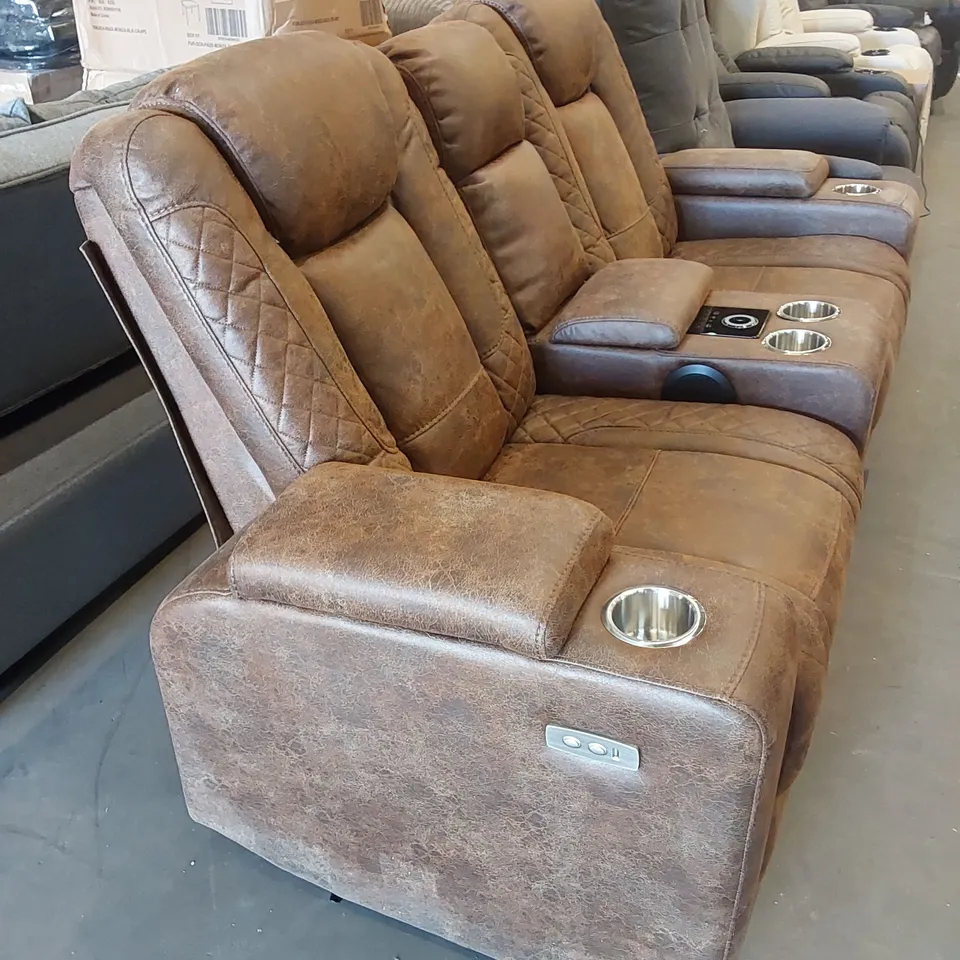 DESIGNER 2 SEATER BROWN LEATHER-LOOK CINEMA STYLE SOFA WITH CENTER CONSOLE