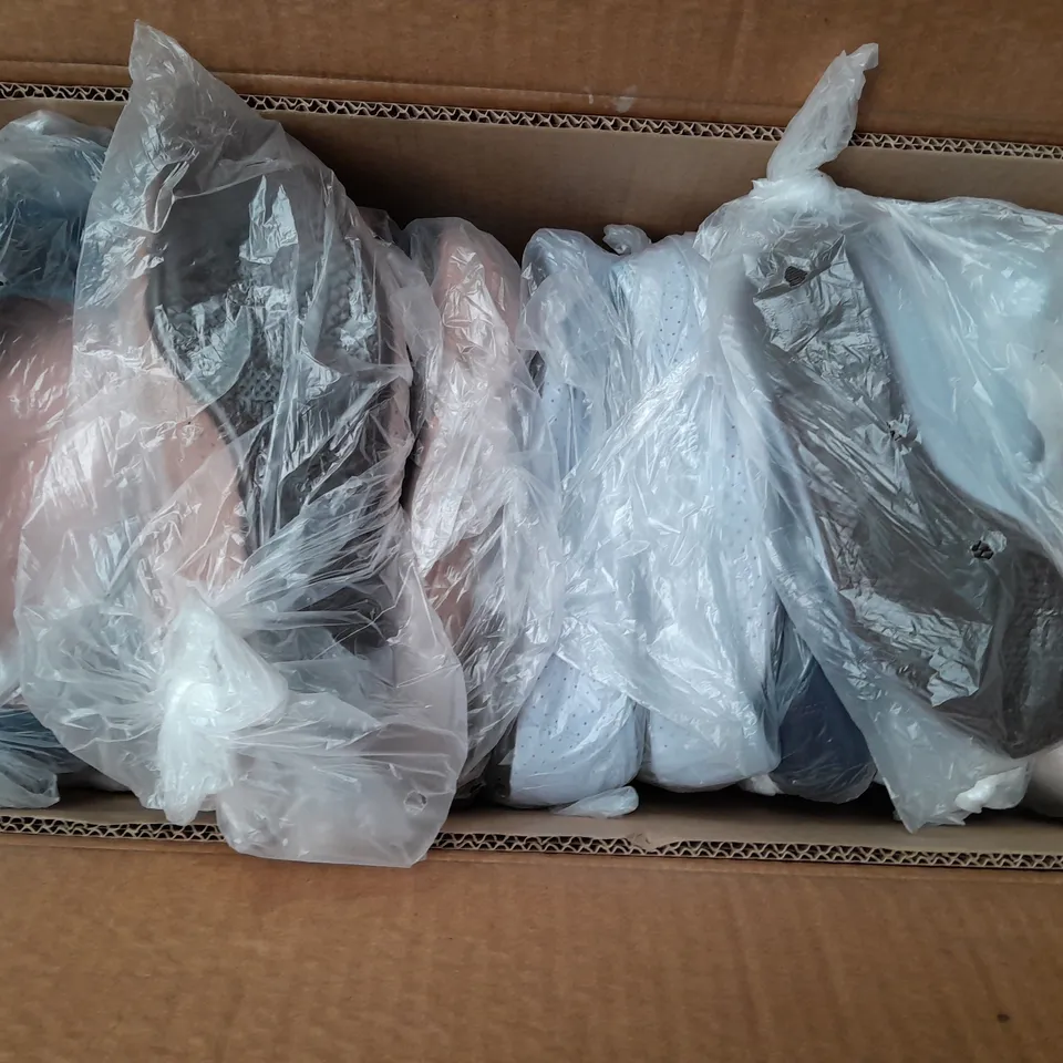 BOX OF APPROX 40 ASSORTED SLIP ON FLAT SHOES IN VARIOUS SIZES & COLOURS 