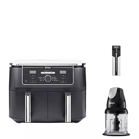 BOXED NINJA PREP & COOK BUNDLE // INCLUDES A NINJA FOODI MAX DUAL ZONE 9.5L AIR FRYER, NINJA PROCHEF WIRELESS MEAT THERMOMETER, AND NINJA PROFESSIONAL STACKABLE CHOPPER.