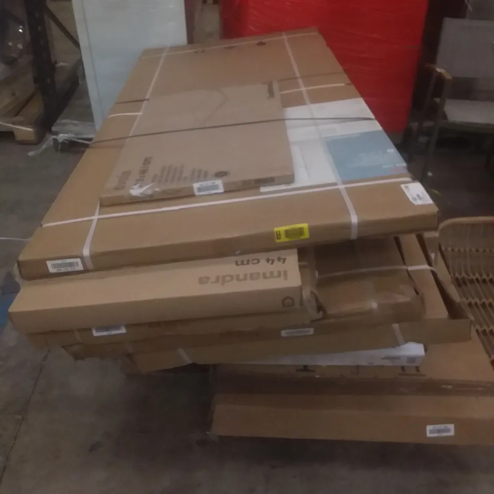 PALLET OF ASSORTED ITEMS INCLUDING SLIDING DOORS, BASIN CABINETS AND SIDE PANELS