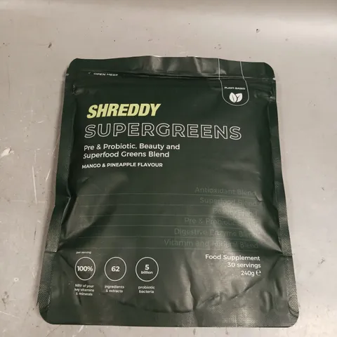 SEALED SHREDDY SUPERGREENS BEAUTY & SUPERFOOD BLEND - MANGO & PINEAPPLE - 240G