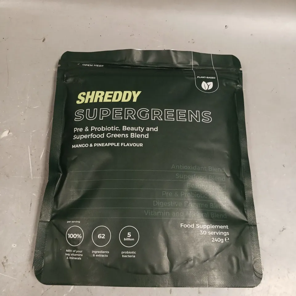 SEALED SHREDDY SUPERGREENS BEAUTY & SUPERFOOD BLEND - MANGO & PINEAPPLE - 240G 