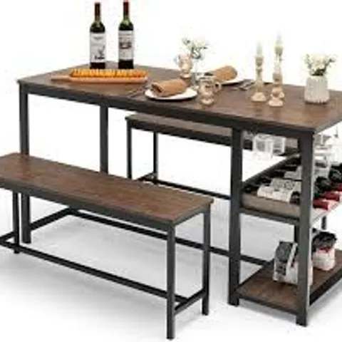 BOXED COSTWAY BAR TABLE SET 3 PIECES DINING TABLE WITH 2 BENCHES DINING SET METAL FRAME KITCHEN TABLE WITH GLASS HOLDER & WINE RACK & SHELF IN VINTAGE BROWN (1 BOX)